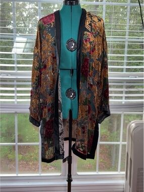In Loom Floral Burnout Velvet Kimono Duster Boho Sheer Open Front S/M